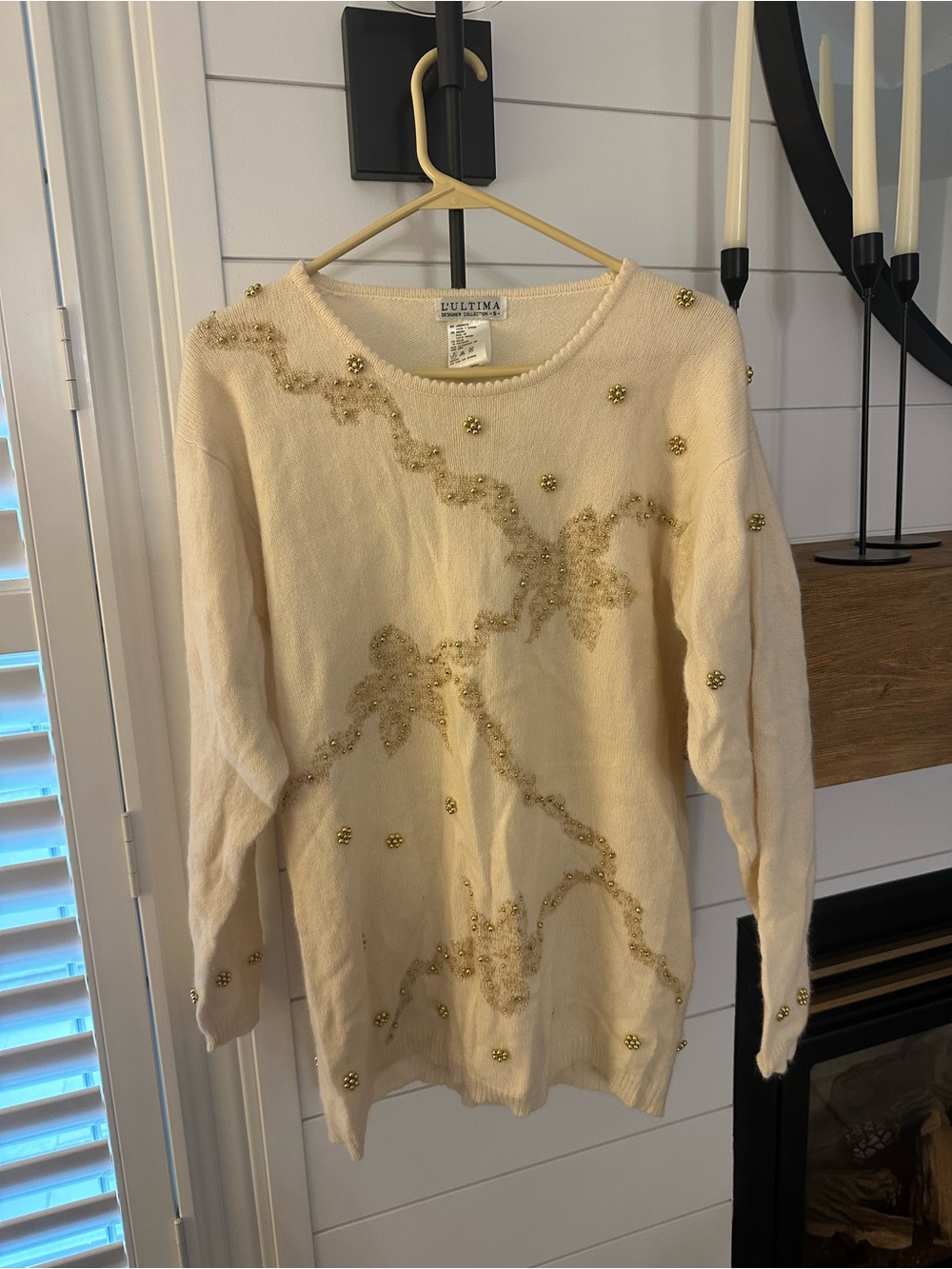 Designer ANGORA & LAMBSWOOL Cream Embellished Crewneck Sweater